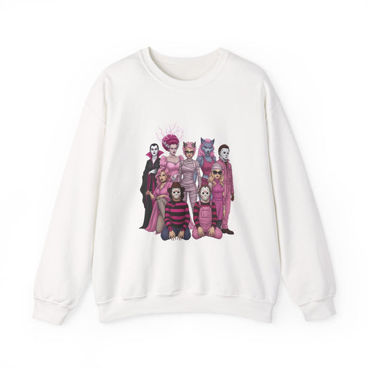Lady Slashers Halloween Sweatshirt | Female Horror Villains Crewneck in Pink