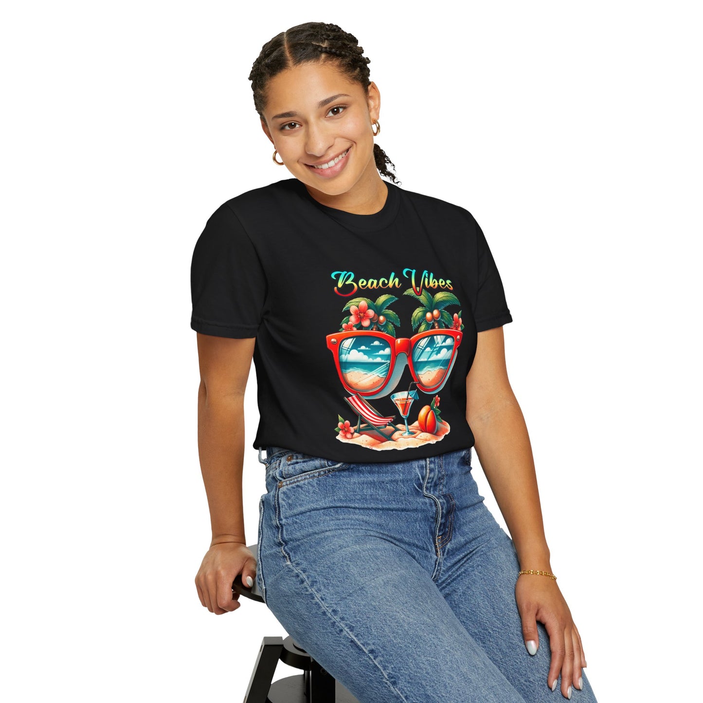 Beach Vibes Graphic Tee – Retro Sunglasses, Palm Trees & Sunset Summer Shirt