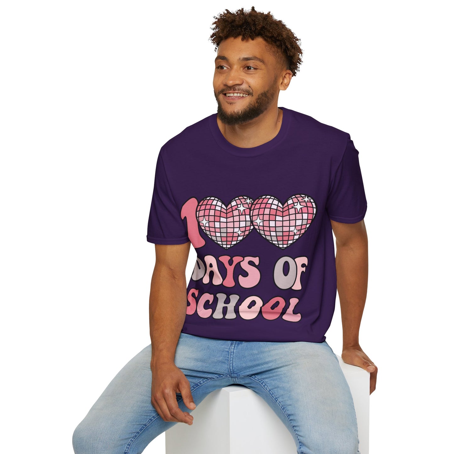 00 Days of School Shirt | Retro Pink Disco Hearts Tee | Vintage Bubble Letter Teacher & Student Top | Soft Ring-Spun Cotton Gift