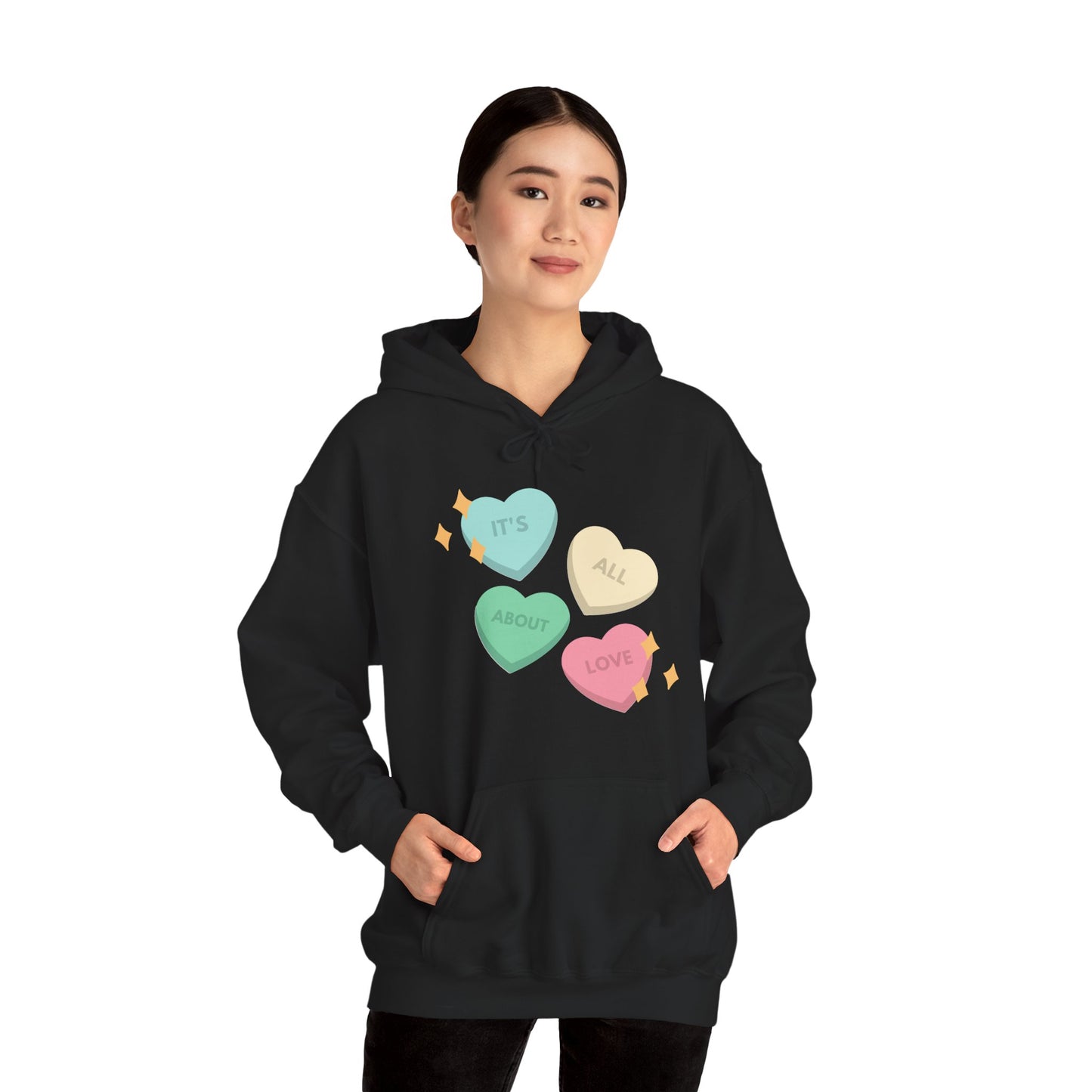 It's All About Love" Pastel Heart Hoodie | Retro Candy Style Sweatshirt | Aesthetic Love Graphic Pullover  Description: