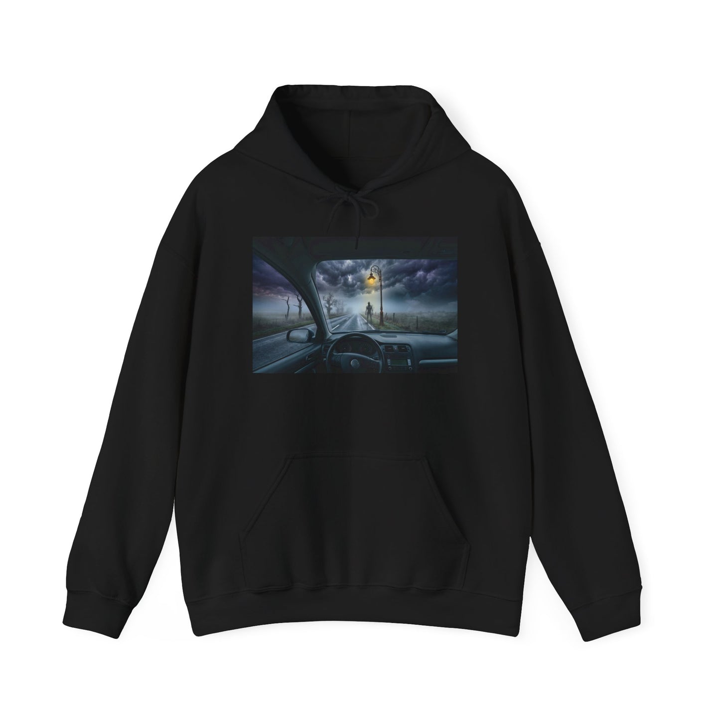 Roadside Encounter Hoodie | Eerie Figure on a Foggy Country Road