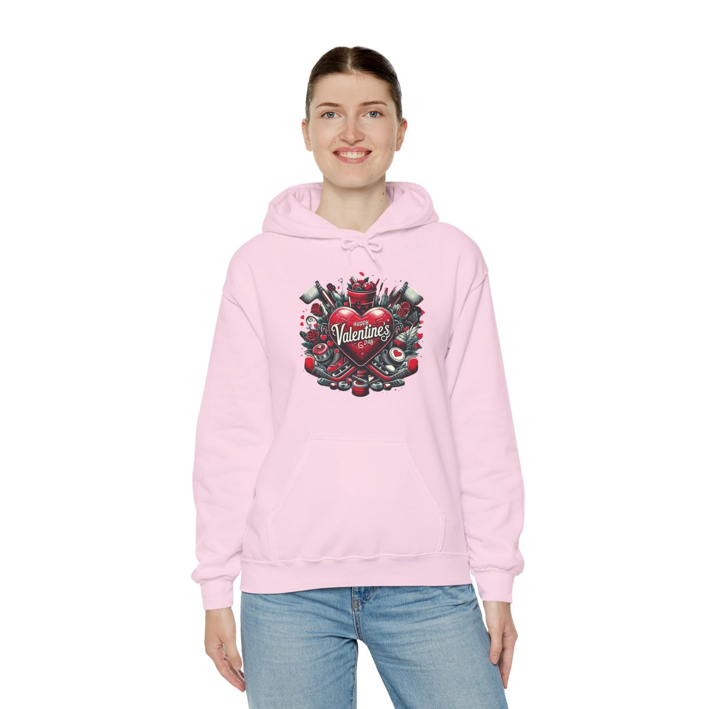 Valentine's Day Heart and Roses Hoodie, Romantic Couple Skatewear, Love ice hockey Themed Sweatshirt