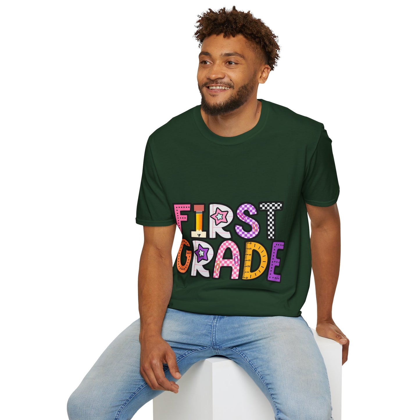 First Grade Shirt | Retro Groovy Teacher Team Tee | Colorful 1st Grade Back to School Outfit | Star Lightning Checkered Gift