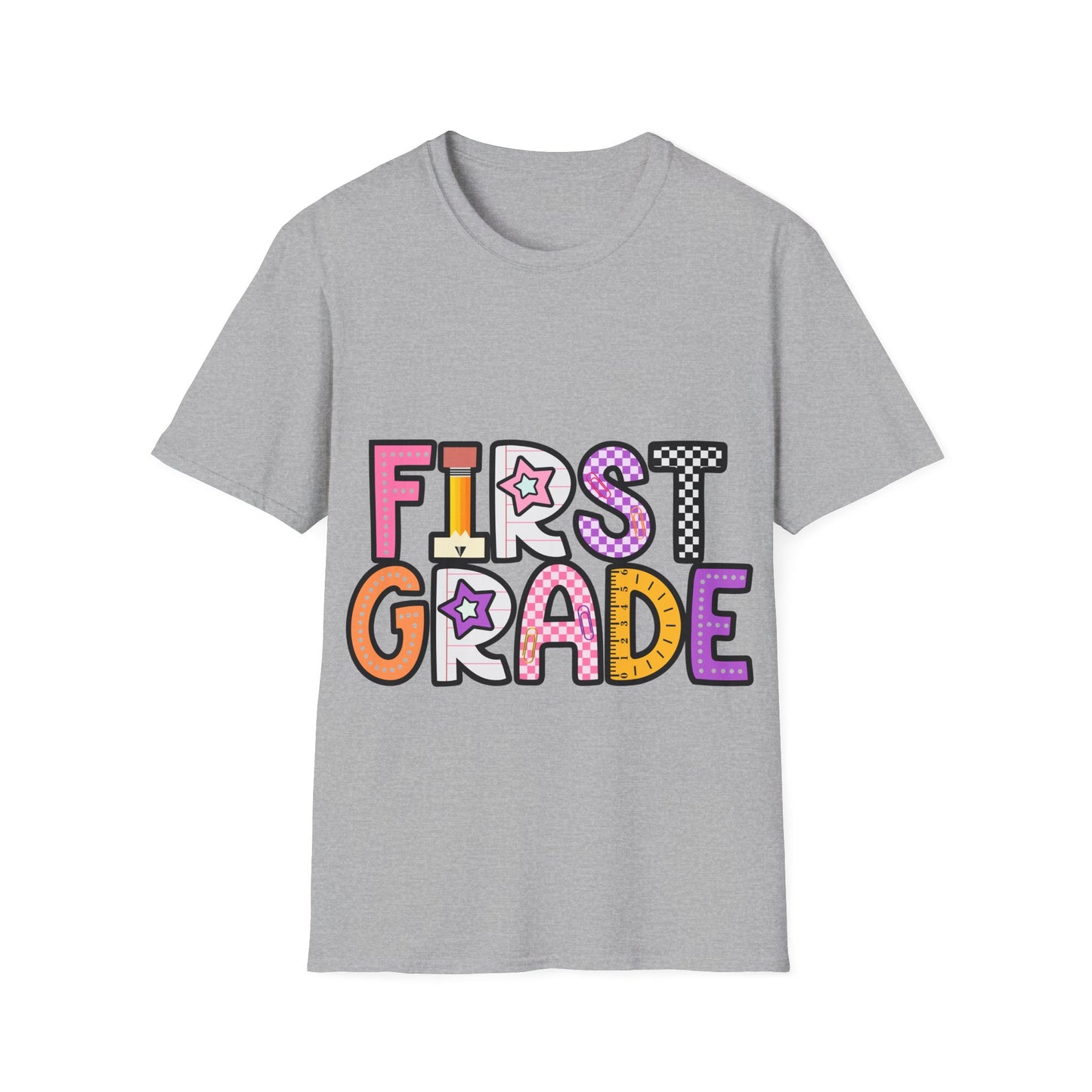 First Grade Shirt | Retro Groovy Teacher Team Tee | Colorful 1st Grade Back to School Outfit | Star Lightning Checkered Gift