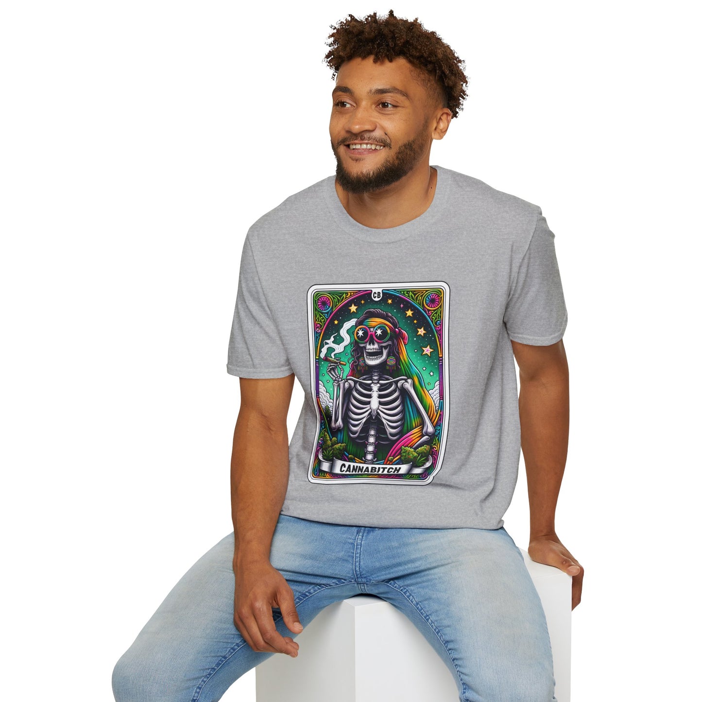 Psychedelic “Cannabitch” Tarot Skeleton T‑Shirt – Trippy Rainbow Weed Art for Stoner Queens