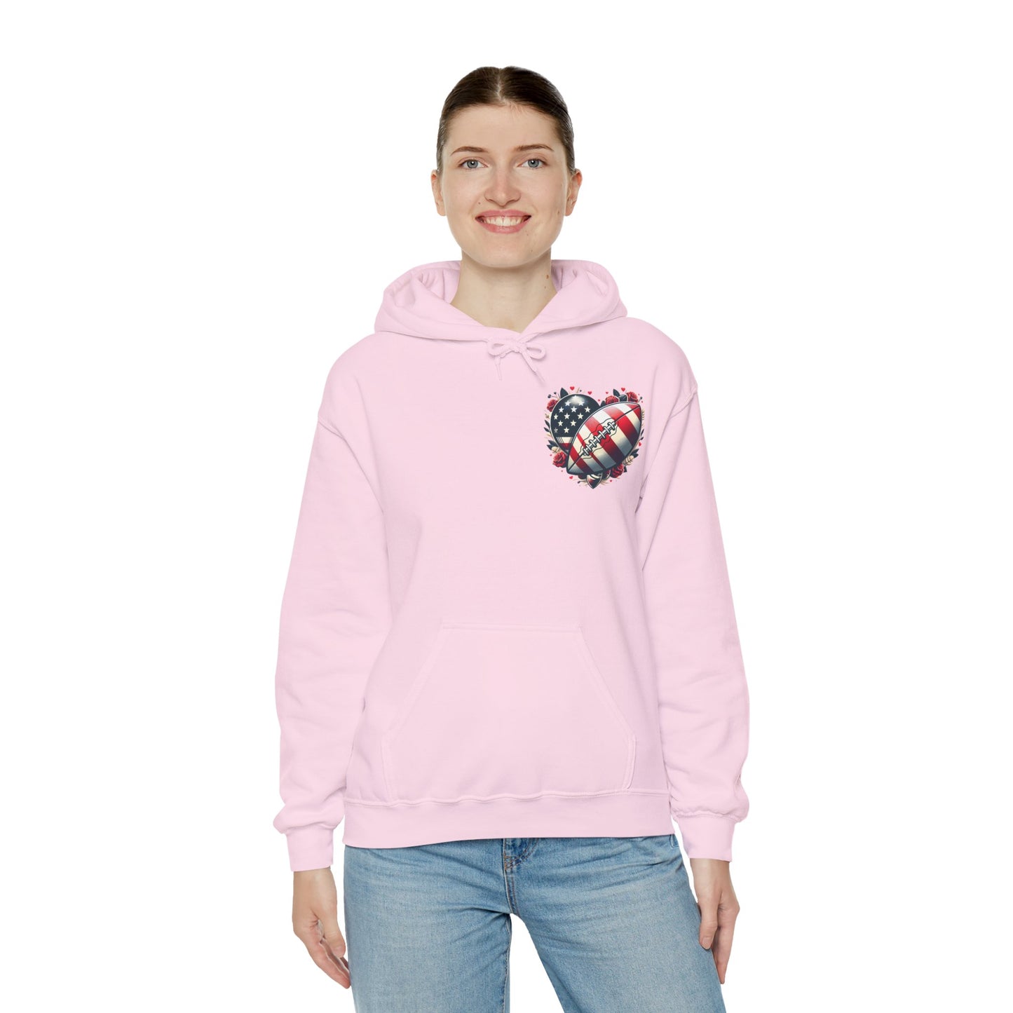 Touchdown Soul: Patriotic American Flag Football Heart Hoodie