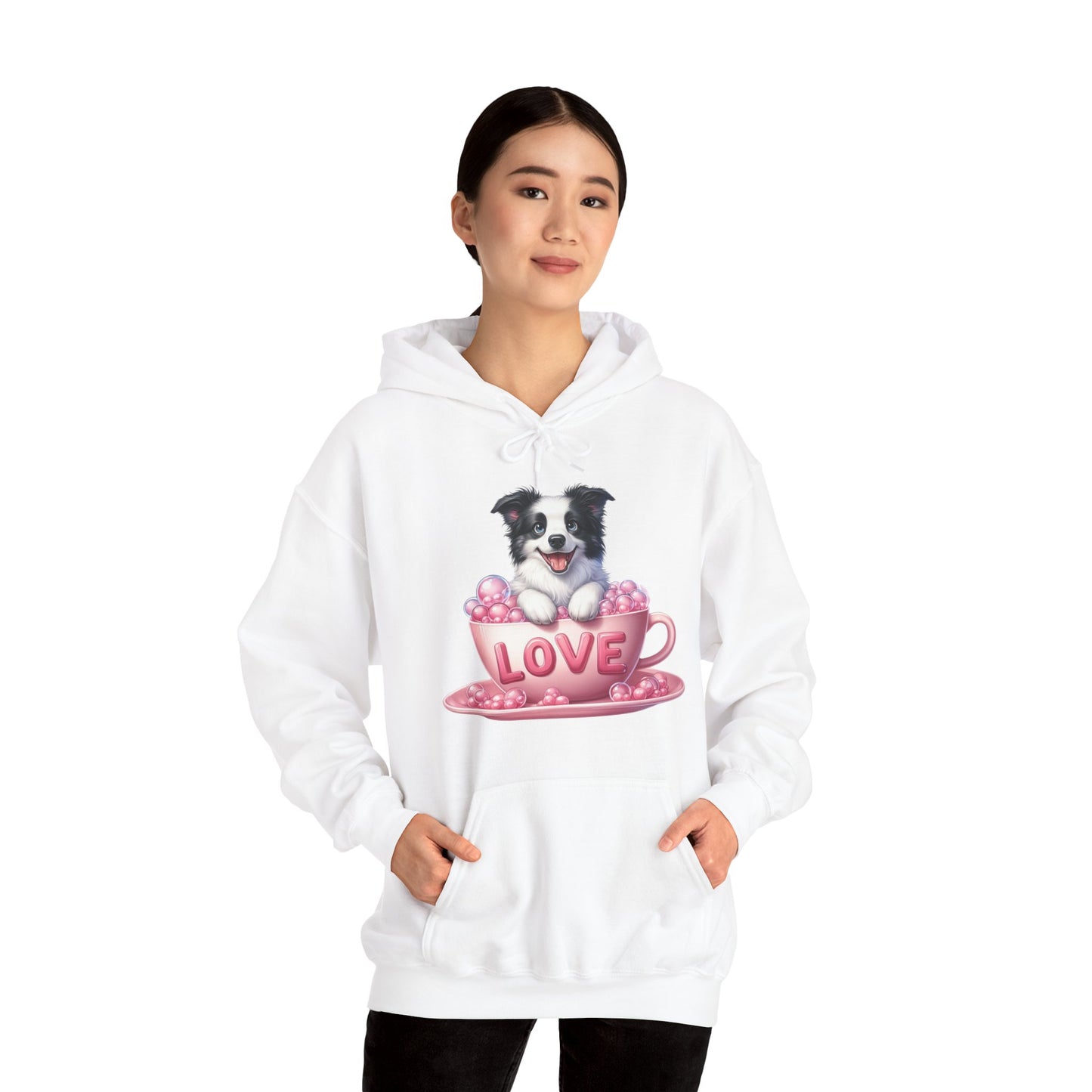 Viral Puppy Love Border Collie Hoodie - Cute Dog in Pink Cup Graphic Unisex Sweatshirt - Adorable Gift for Border Collie Lovers