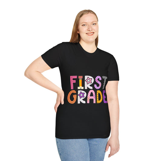 First Grade Shirt | Retro Groovy Teacher Team Tee | Colorful 1st Grade Back to School Outfit | Star Lightning Checkered Gift