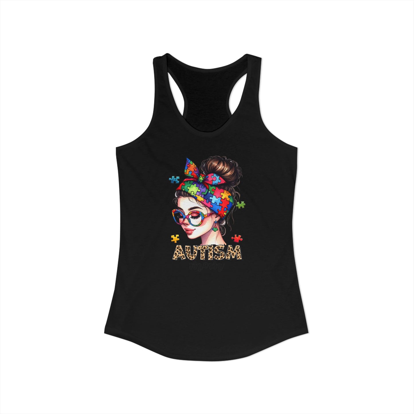 Autism Mom Messy Bun Tank – Colorful Puzzle Pieces, Leopard Print & Neurodiversity Pride