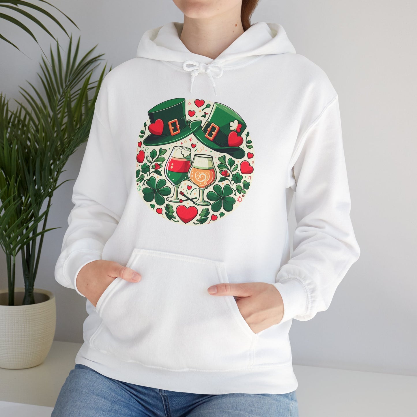 St. Patrick's Day Hoodie, Irish Celebration Beer Clover Heart Unisex Pullover