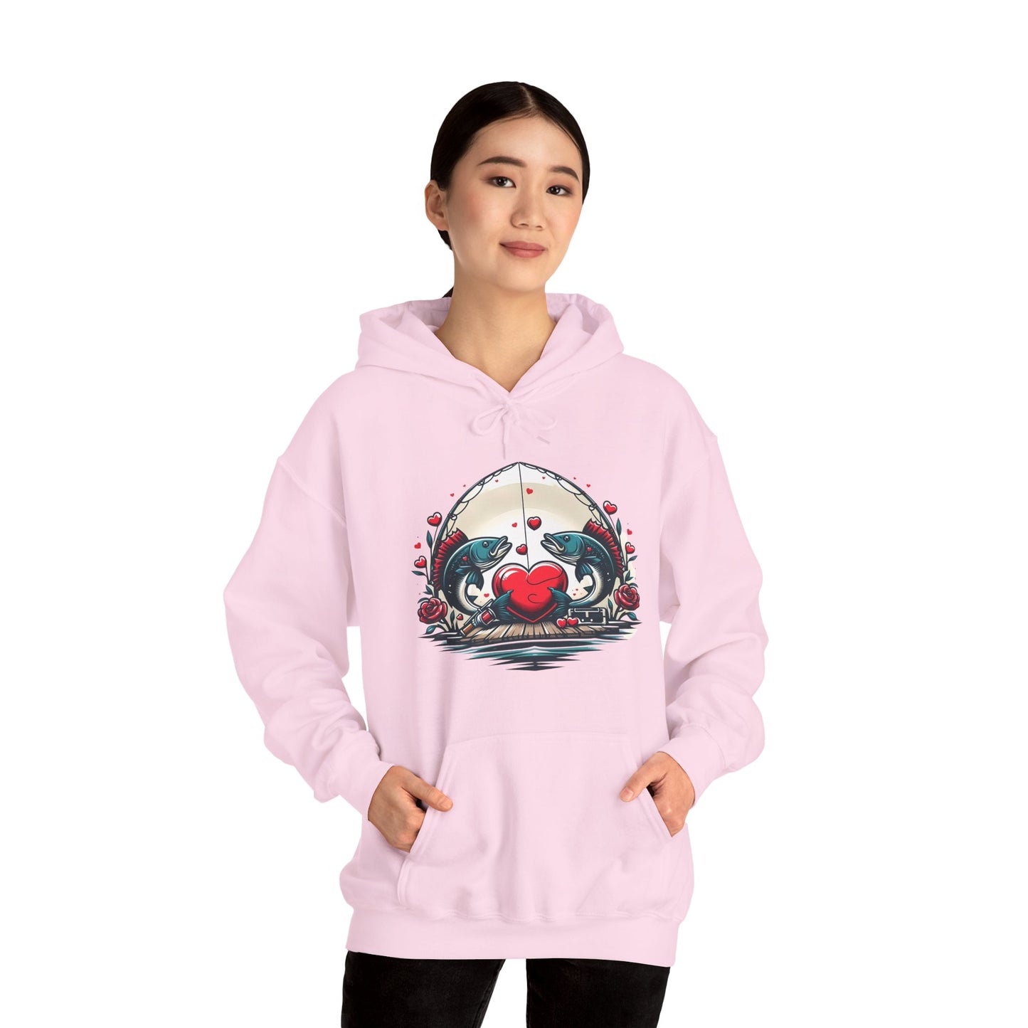 Unique Fish Love Heart Hoodie Unisex Fishing Themed Sweatshirt Graphic Hoodie With Rose Detail Romantic Angler Gift