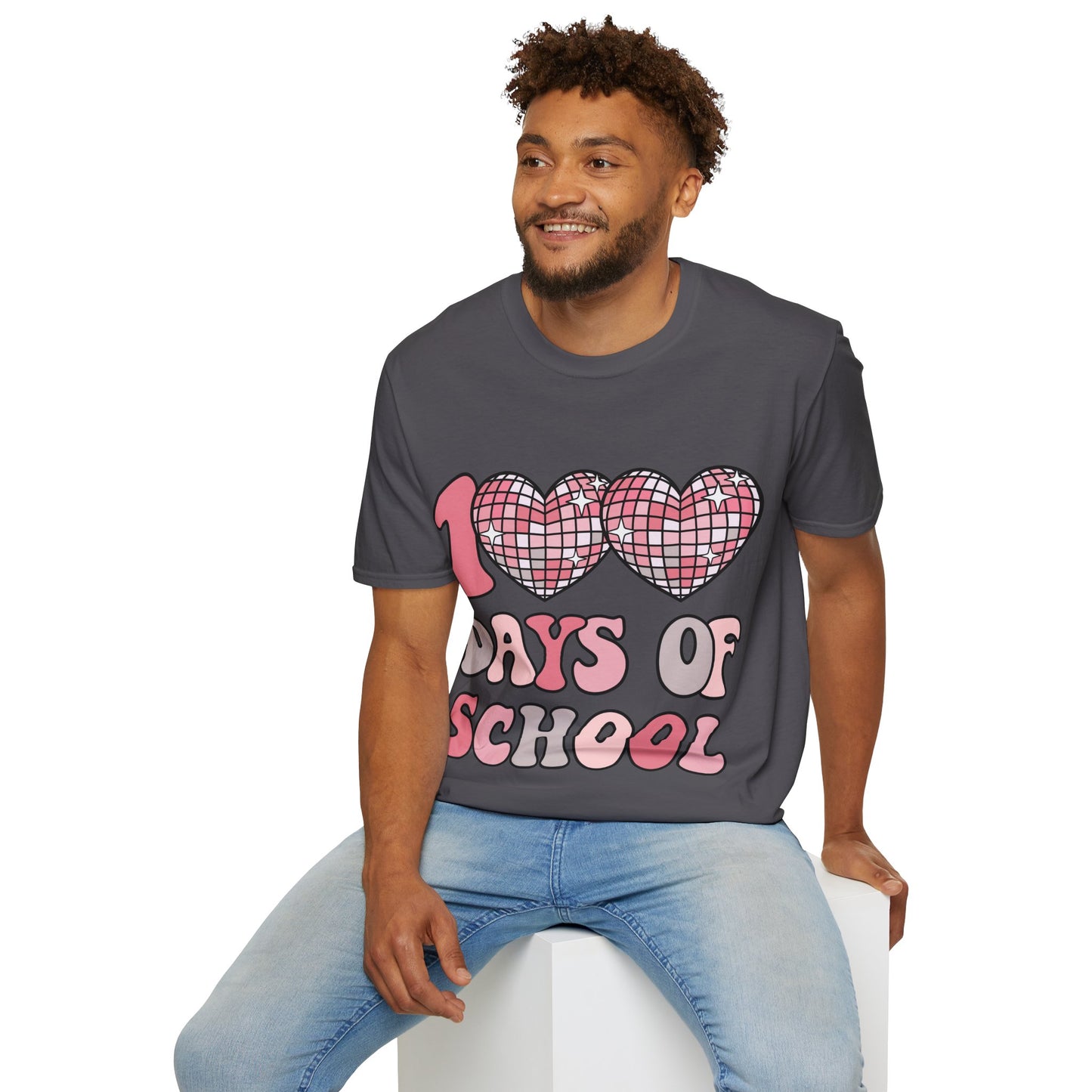 00 Days of School Shirt | Retro Pink Disco Hearts Tee | Vintage Bubble Letter Teacher & Student Top | Soft Ring-Spun Cotton Gift