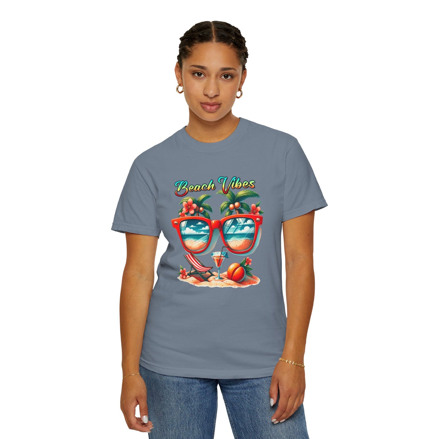 Beach Vibes Graphic Tee – Retro Sunglasses, Palm Trees & Sunset Summer Shirt
