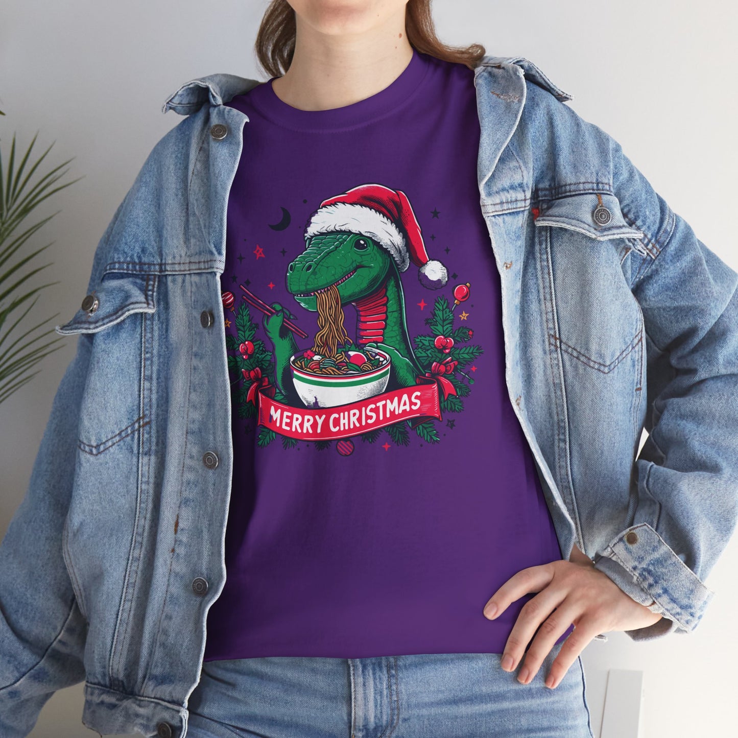 Festive Dinosaur Enjoying Ramen: A Merry Christmas Greetings Unisex Tee