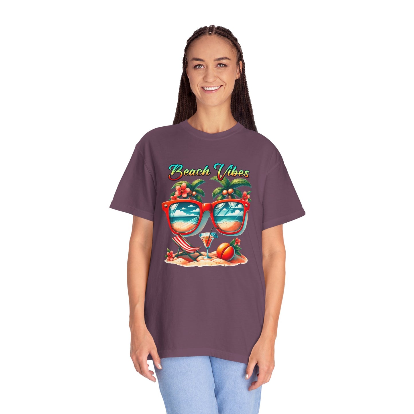 Beach Vibes Graphic Tee – Retro Sunglasses, Palm Trees & Sunset Summer Shirt