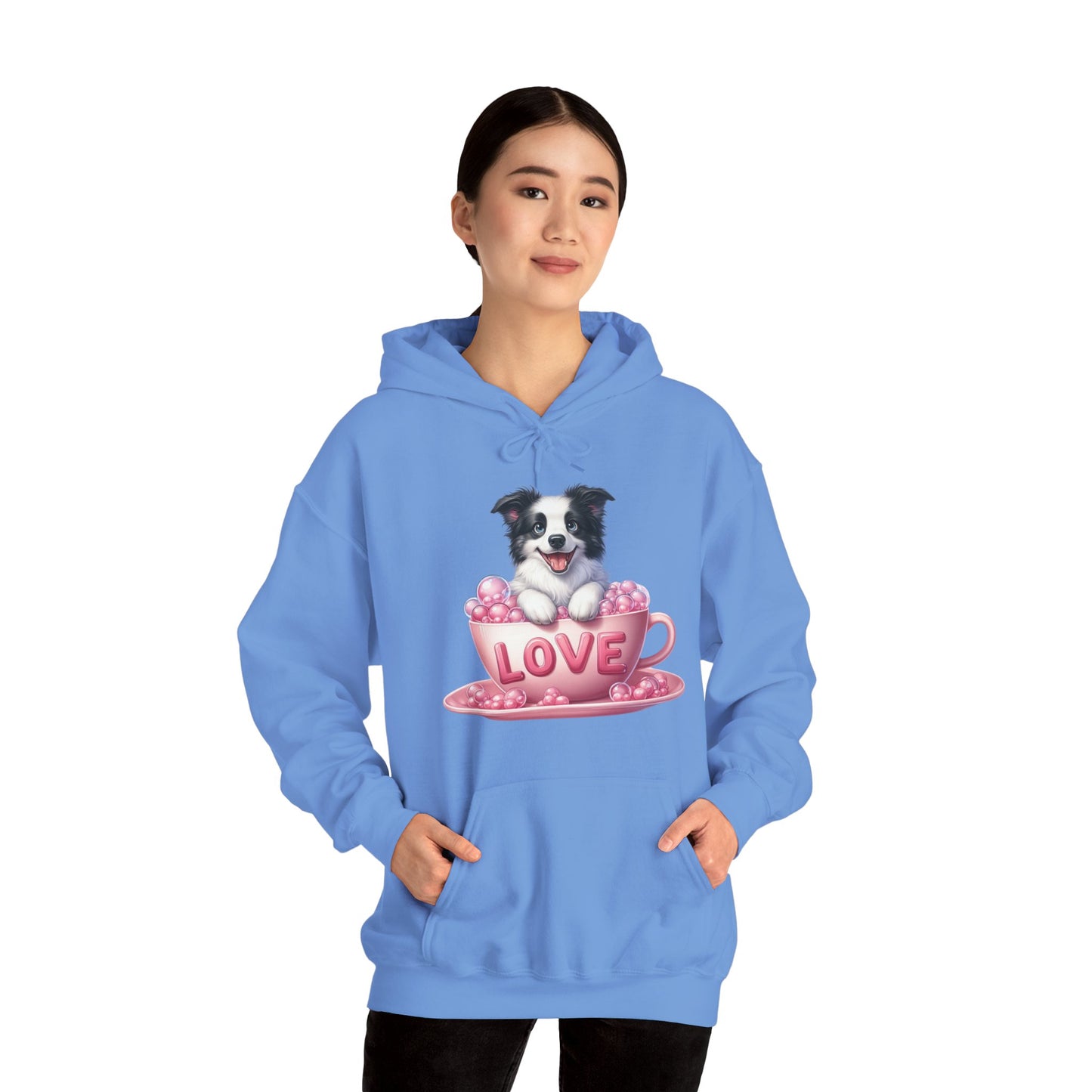 Viral Puppy Love Border Collie Hoodie - Cute Dog in Pink Cup Graphic Unisex Sweatshirt - Adorable Gift for Border Collie Lovers