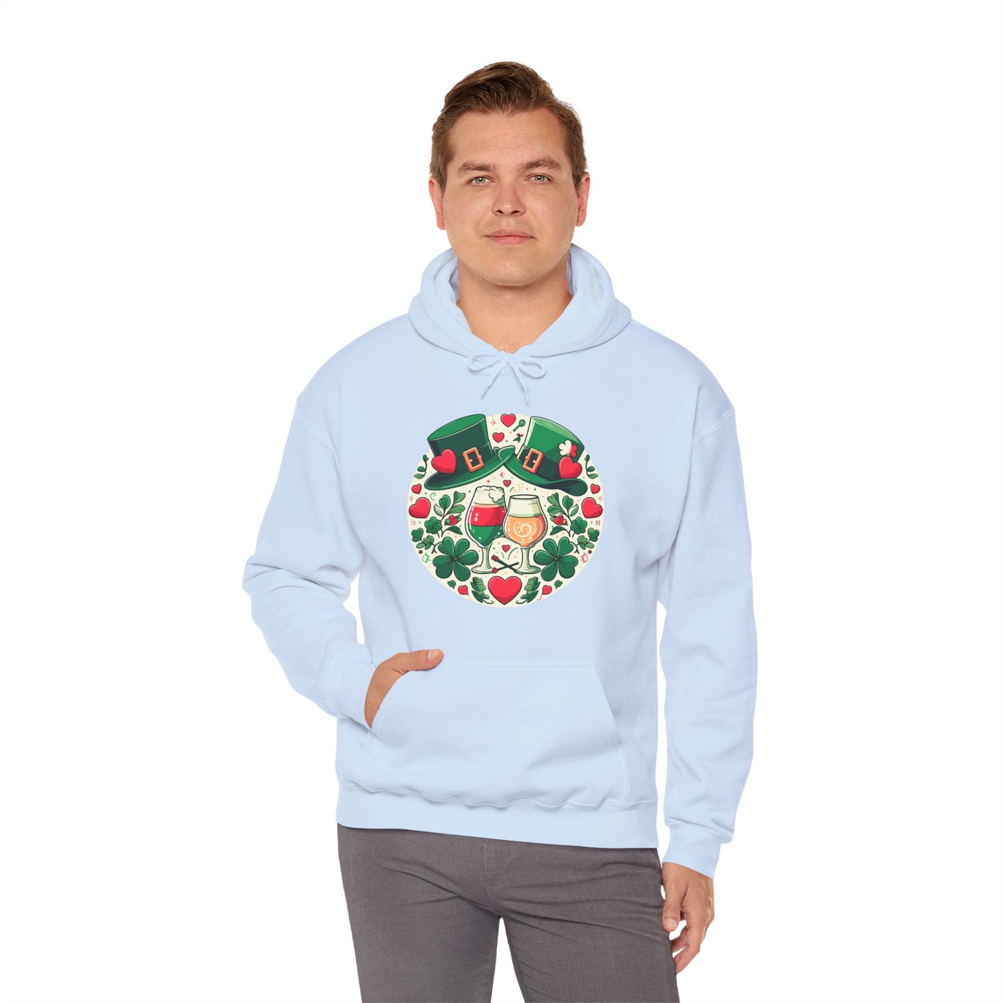 St. Patrick's Day Hoodie, Irish Celebration Beer Clover Heart Unisex Pullover