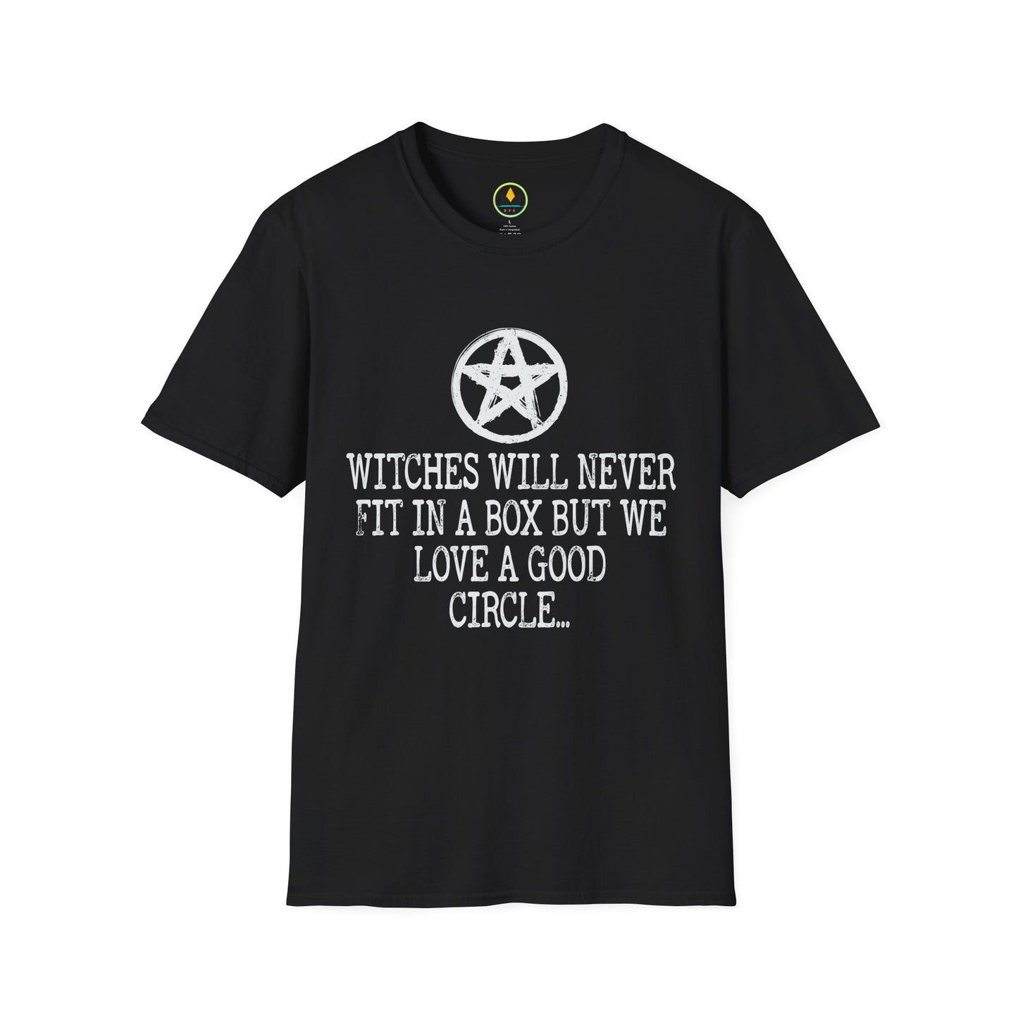 Witches Will Never Fit in a Box – Pentagram Circle Witchy T‑Shirt for Modern Coven Queens