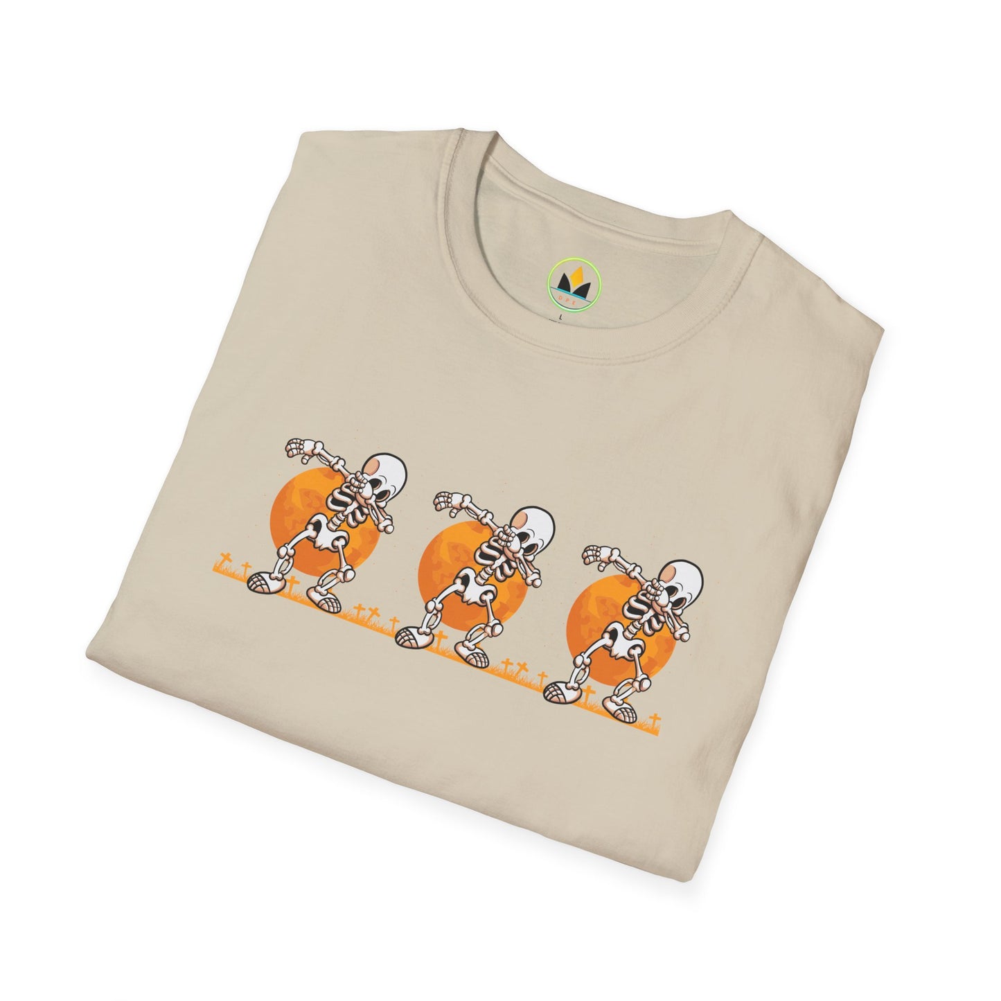 Moonlit Macabre: Dancing Skeleton Halloween T-Shirt – Spooky Unisex Softstyle T-Shirt