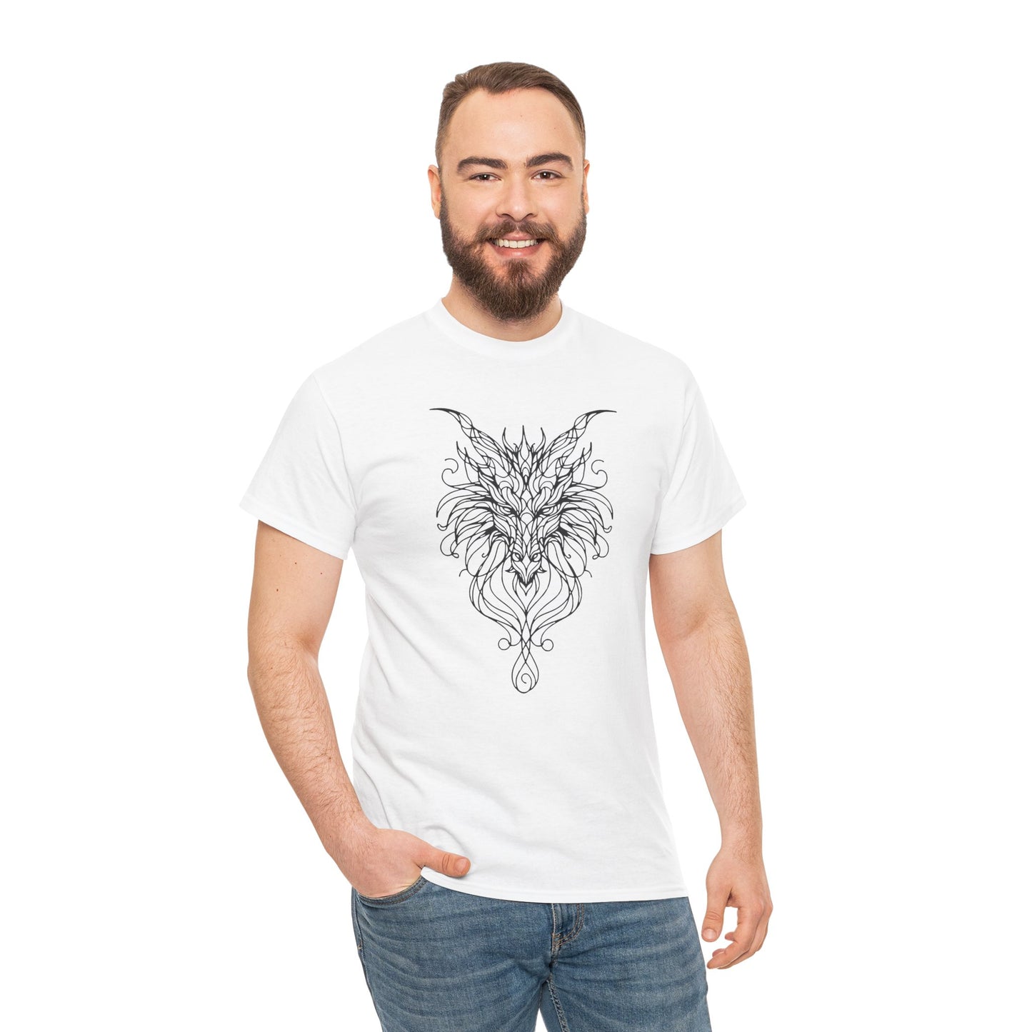 Dragon Line Art Shirt | Mythical Creature Sketch Tee | Minimalist Tattoo Style Top | Intricate Fantasy Art Gift | Unisex White T-Shirt