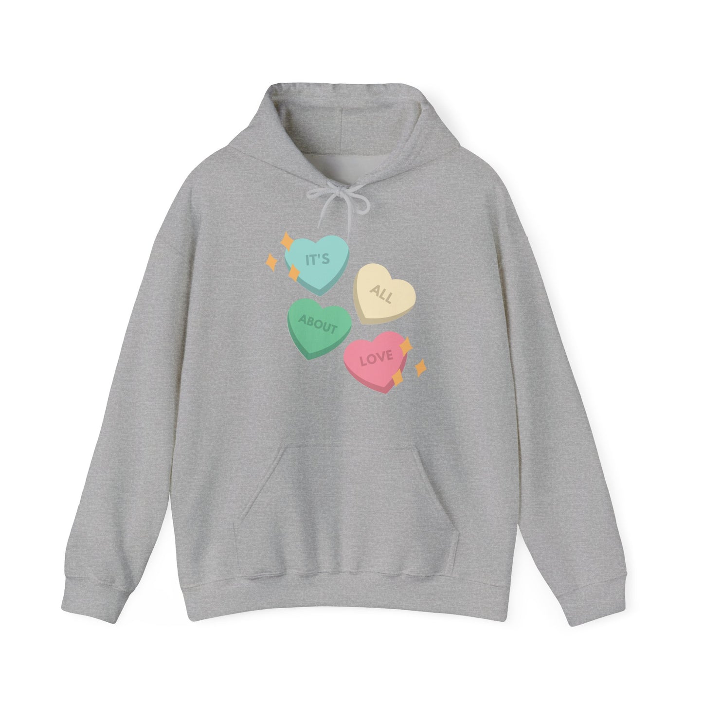 It's All About Love" Pastel Heart Hoodie | Retro Candy Style Sweatshirt | Aesthetic Love Graphic Pullover  Description:
