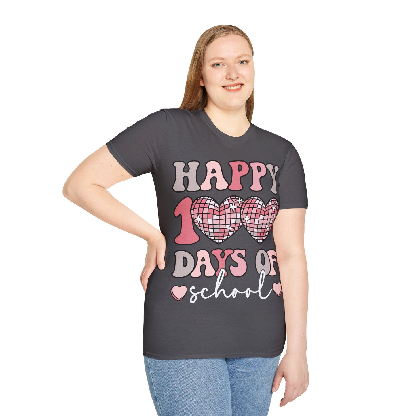 Happy 100 Days of School Shirt | Retro Disco Hearts Black Tee | Pink Groovy Teacher Outfit | Cute Student Milestone Gift