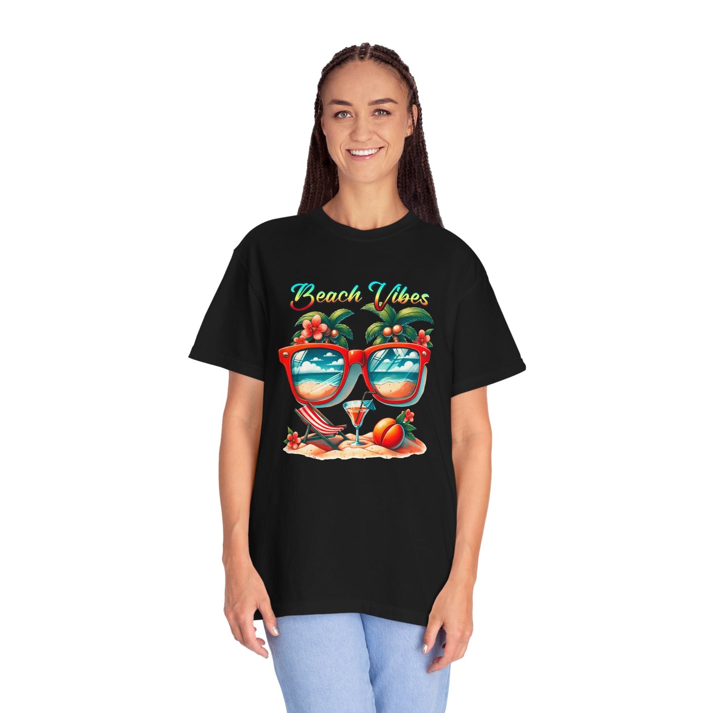Beach Vibes Graphic Tee – Retro Sunglasses, Palm Trees & Sunset Summer Shirt