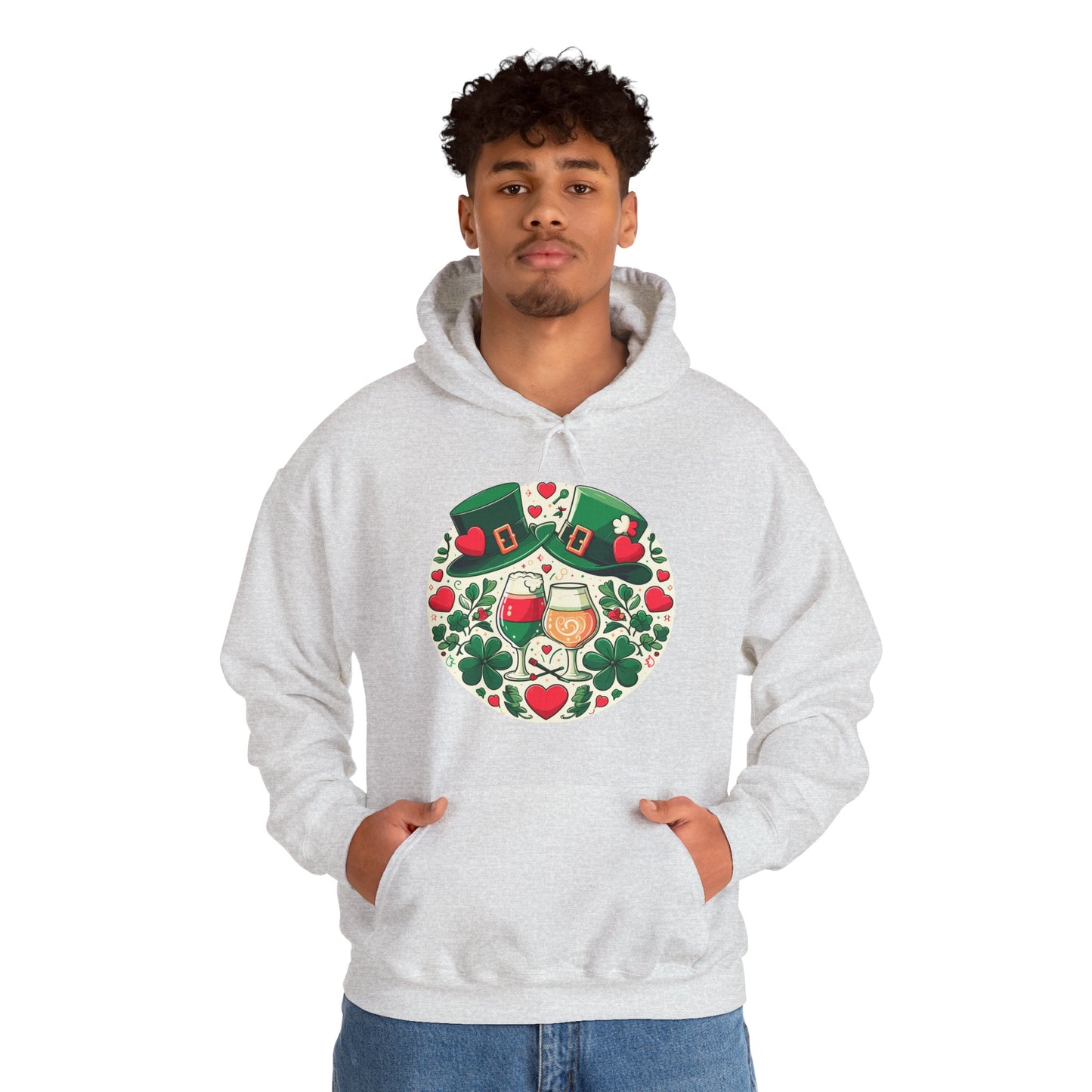 St. Patrick's Day Hoodie, Irish Celebration Beer Clover Heart Unisex Pullover