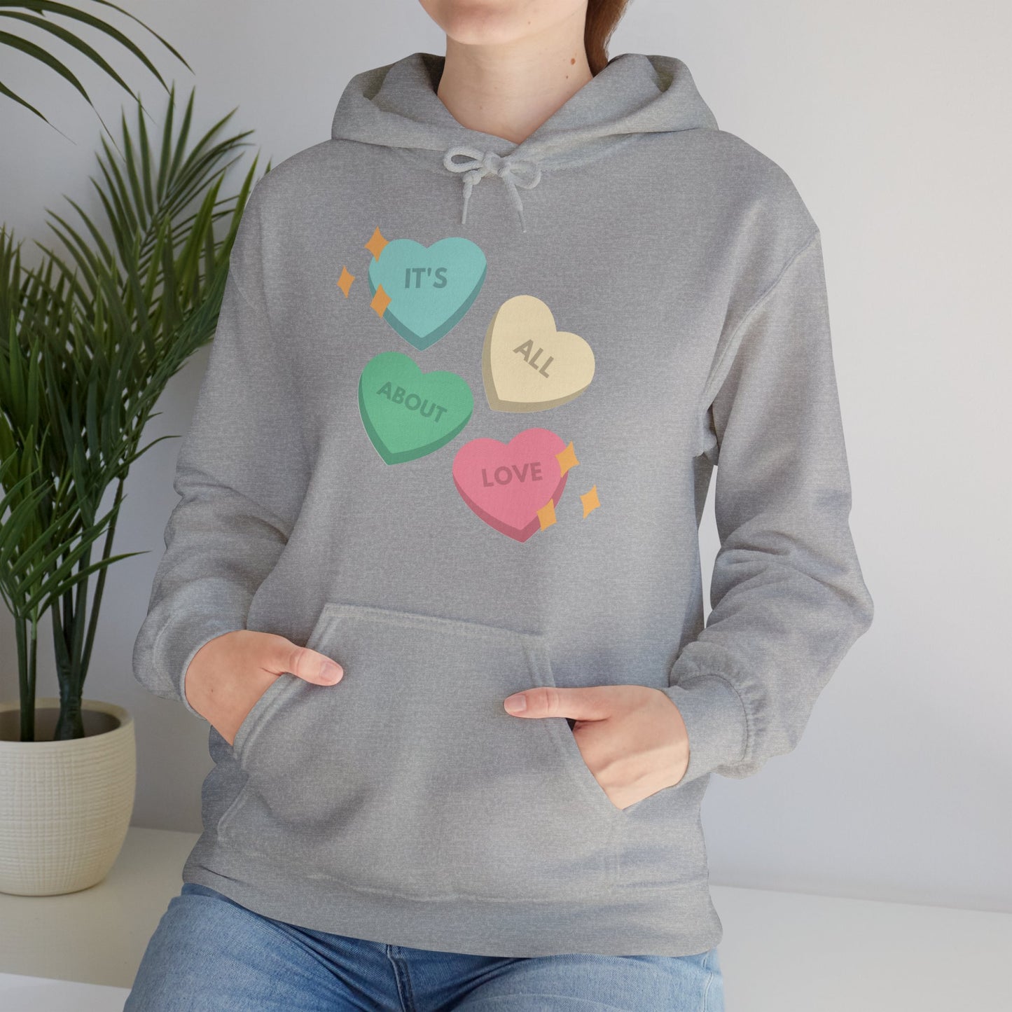 It's All About Love" Pastel Heart Hoodie | Retro Candy Style Sweatshirt | Aesthetic Love Graphic Pullover  Description: