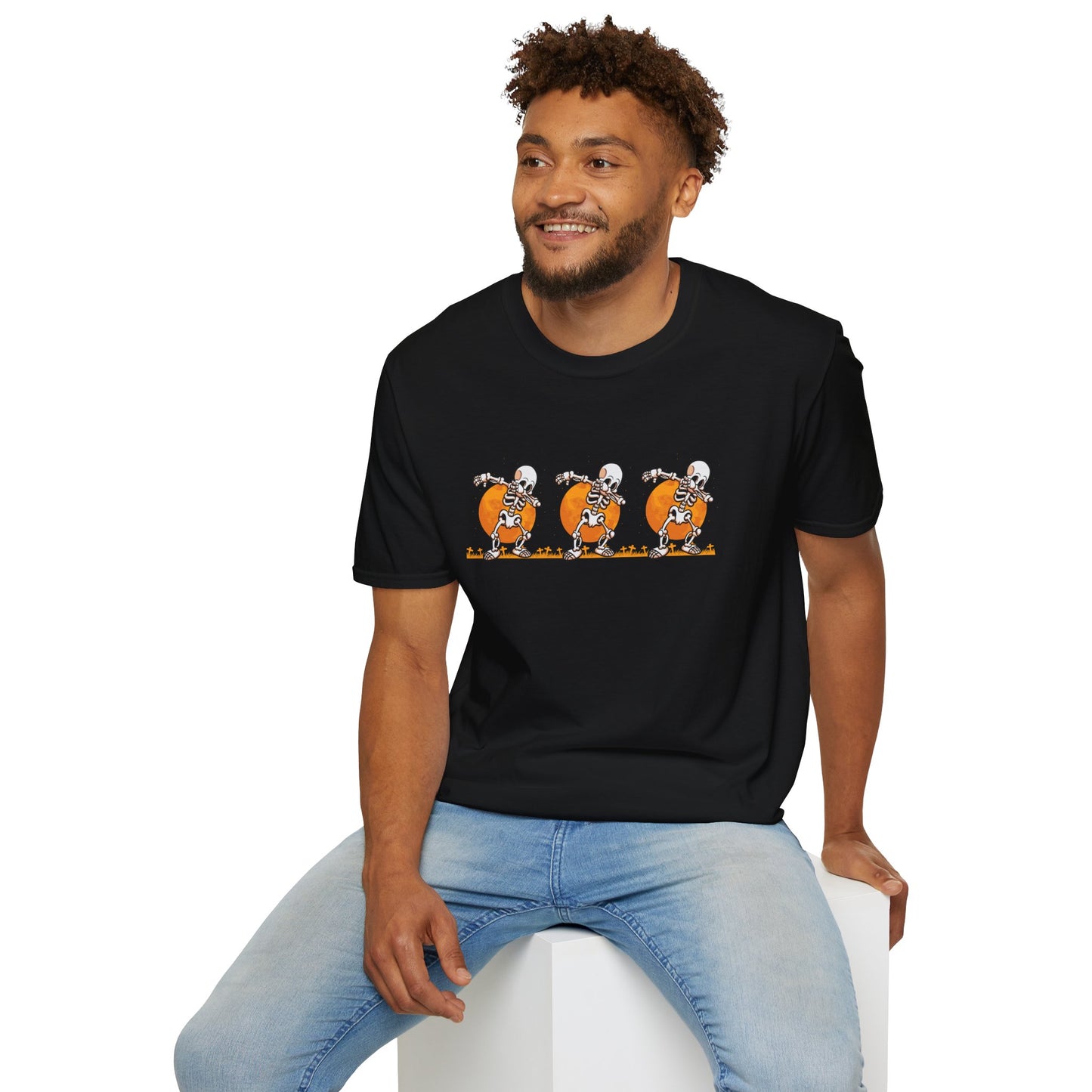 Moonlit Macabre: Dancing Skeleton Halloween T-Shirt – Spooky Unisex Softstyle T-Shirt