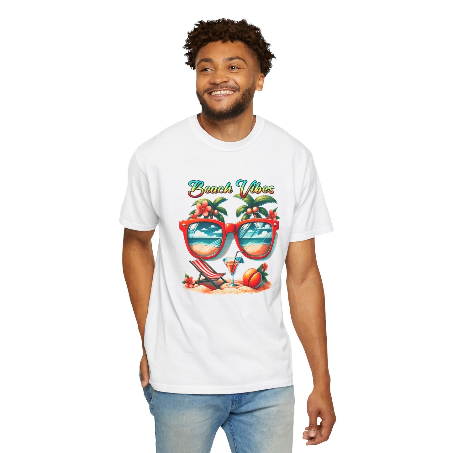 Beach Vibes Graphic Tee – Retro Sunglasses, Palm Trees & Sunset Summer Shirt