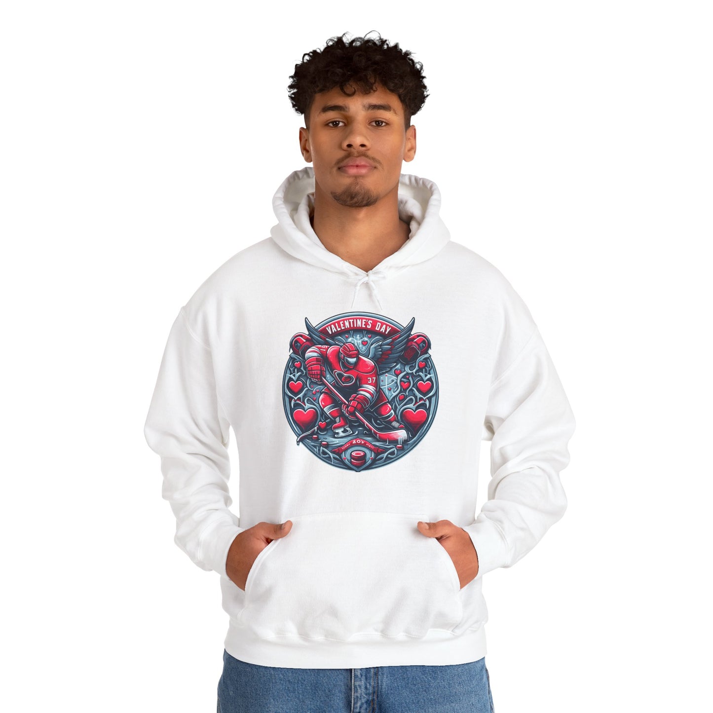 Valentines Day Hockey Hoodie, Romantic Sports Gift, Unisex Heart Hockey Graphic Pullover, Casual Comfortable Sporty Apparel