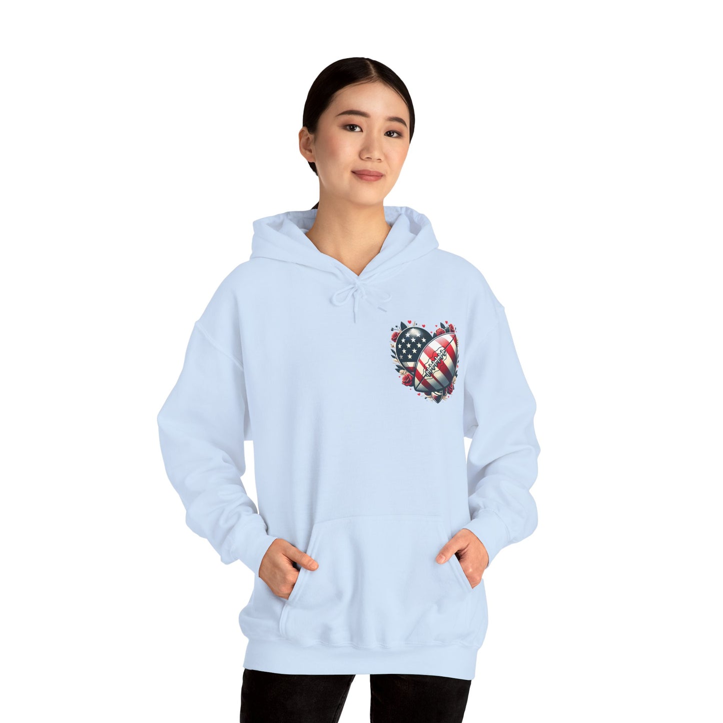 Touchdown Soul: Patriotic American Flag Football Heart Hoodie
