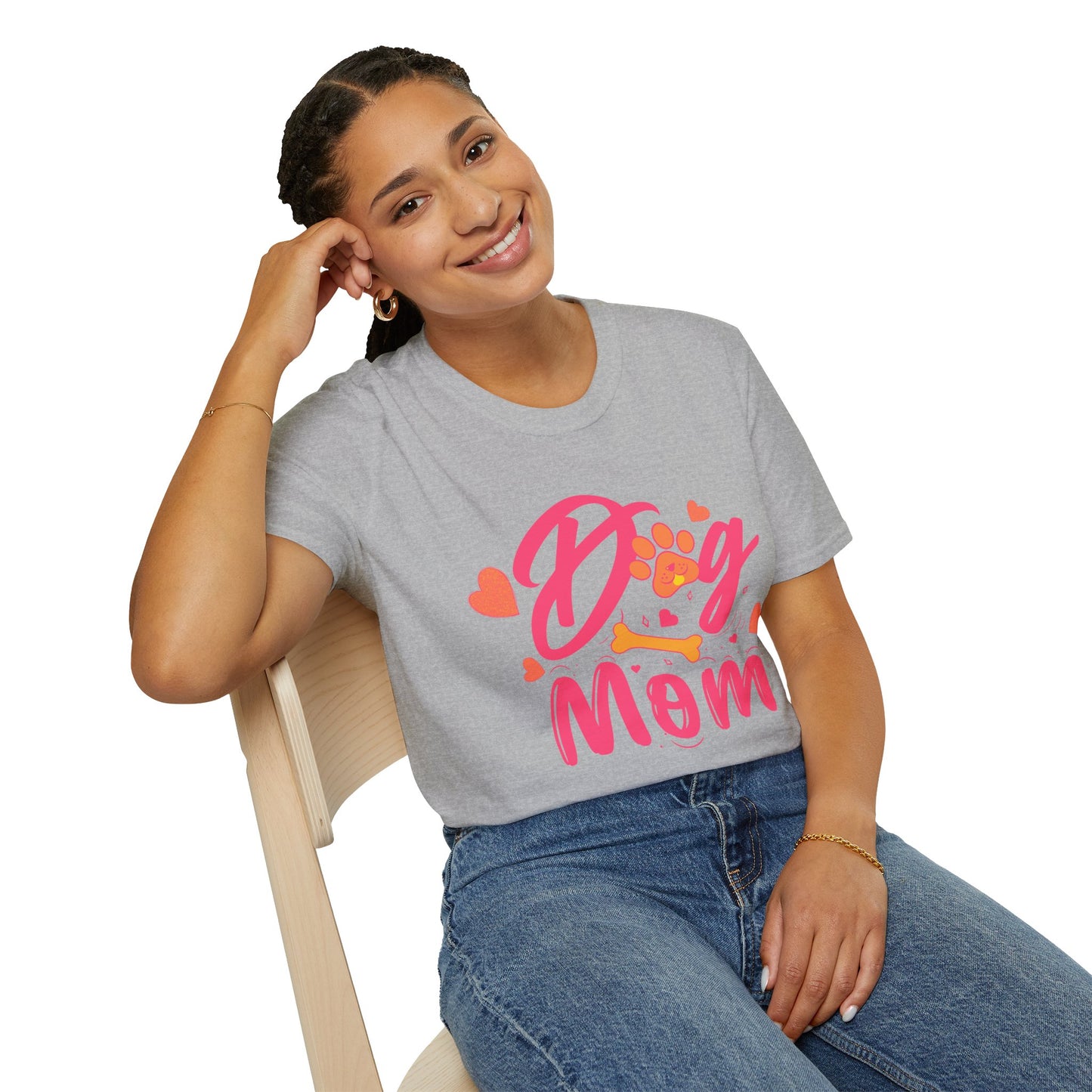 Cute Dog Mom T‑Shirt – Pink Hearts, Paw Print & Bone Graphic for Proud Pup Mamas