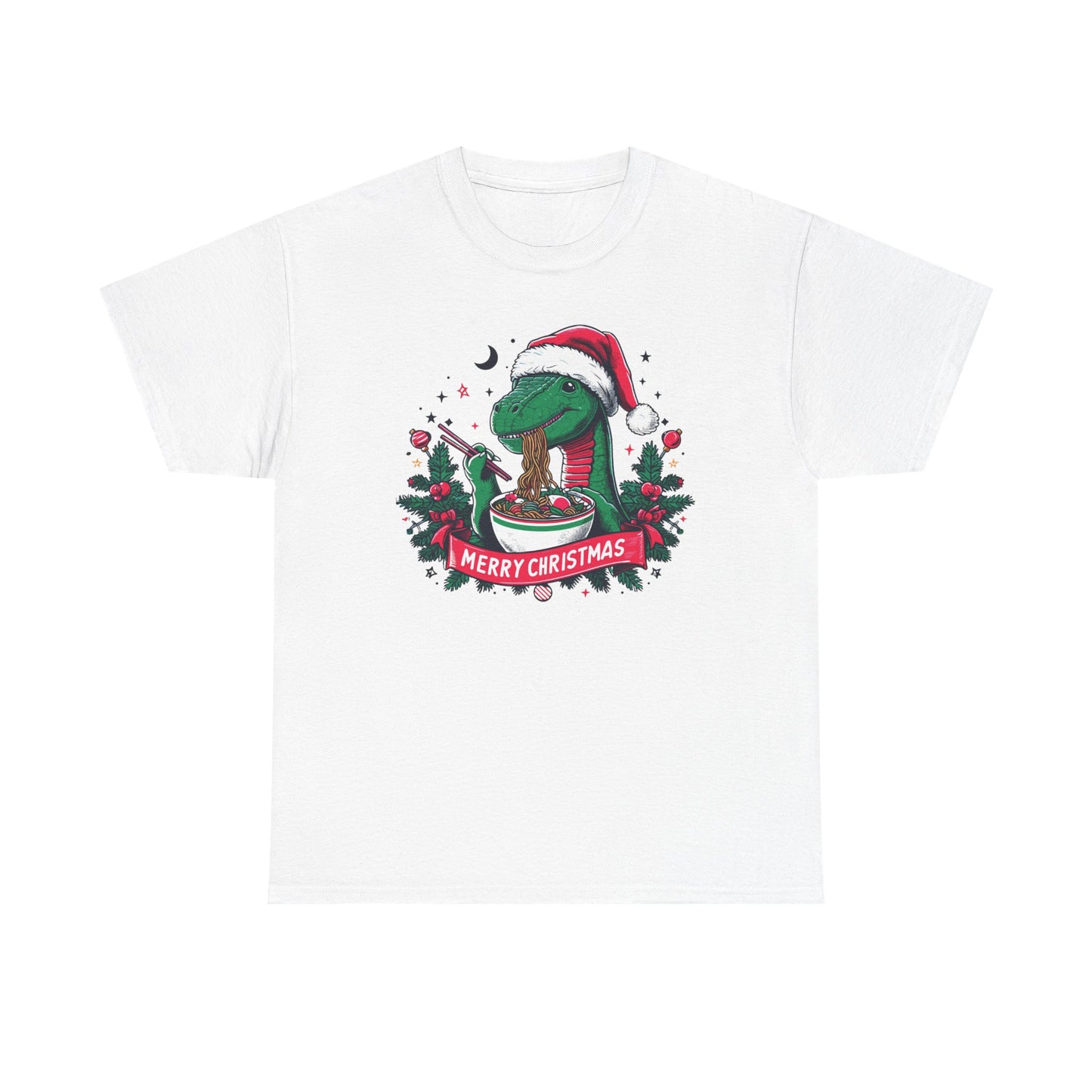 Festive Dinosaur Enjoying Ramen: A Merry Christmas Greetings Unisex Tee
