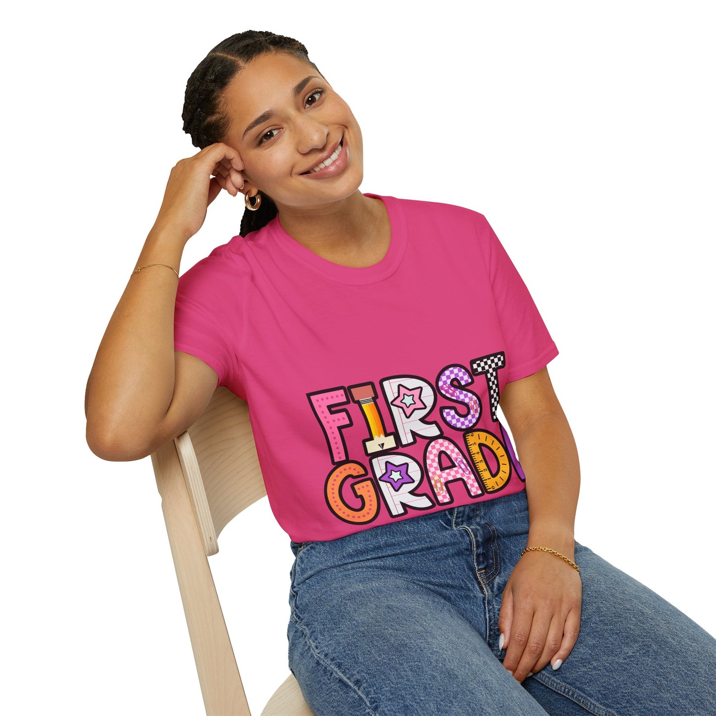 First Grade Shirt | Retro Groovy Teacher Team Tee | Colorful 1st Grade Back to School Outfit | Star Lightning Checkered Gift