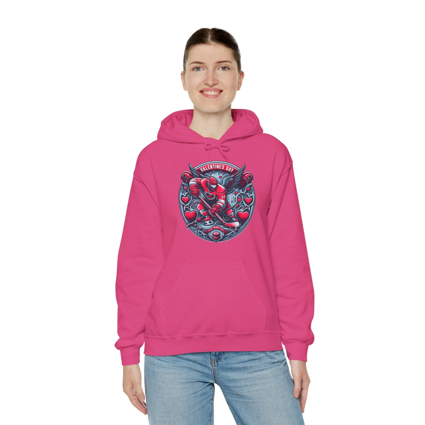 Valentines Day Hockey Hoodie, Romantic Sports Gift, Unisex Heart Hockey Graphic Pullover, Casual Comfortable Sporty Apparel