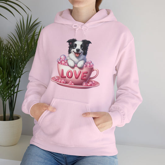 Viral Puppy Love Border Collie Hoodie - Cute Dog in Pink Cup Graphic Unisex Sweatshirt - Adorable Gift for Border Collie Lovers