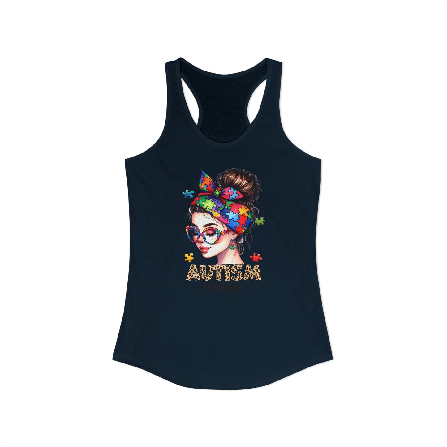 Autism Mom Messy Bun Tank – Colorful Puzzle Pieces, Leopard Print & Neurodiversity Pride