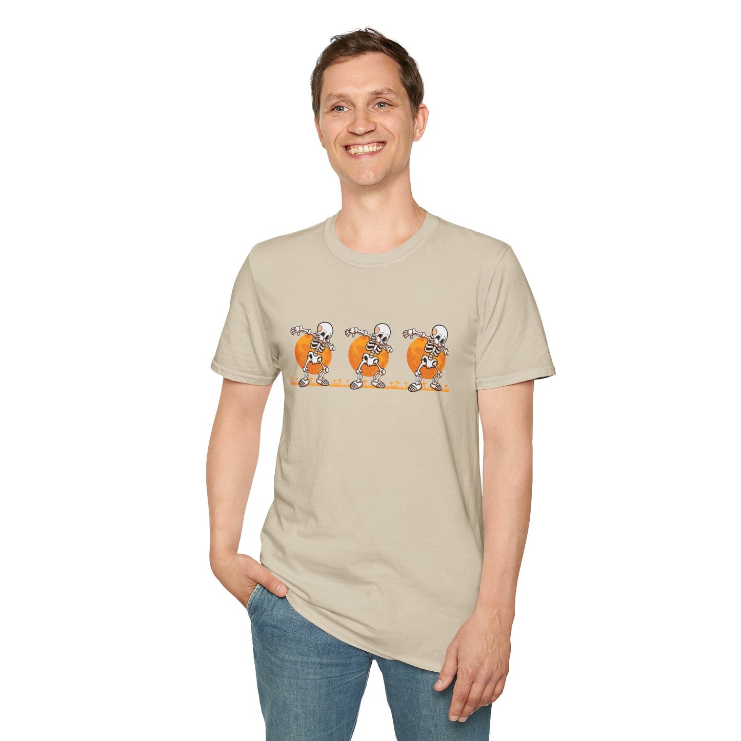 Moonlit Macabre: Dancing Skeleton Halloween T-Shirt – Spooky Unisex Softstyle T-Shirt