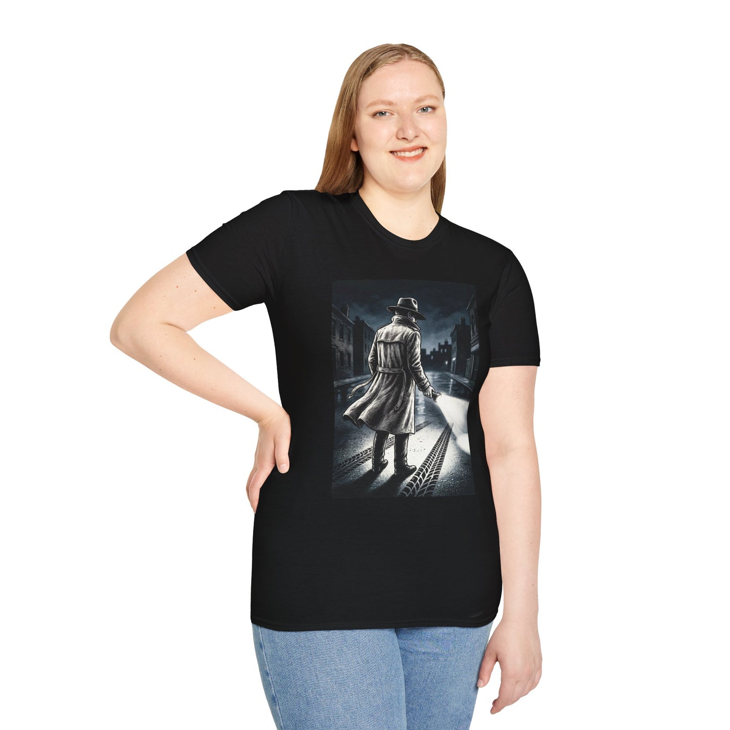 Shadow Streets Noir Detective T-Shirt | Vintage Mystery Trench Coat Art