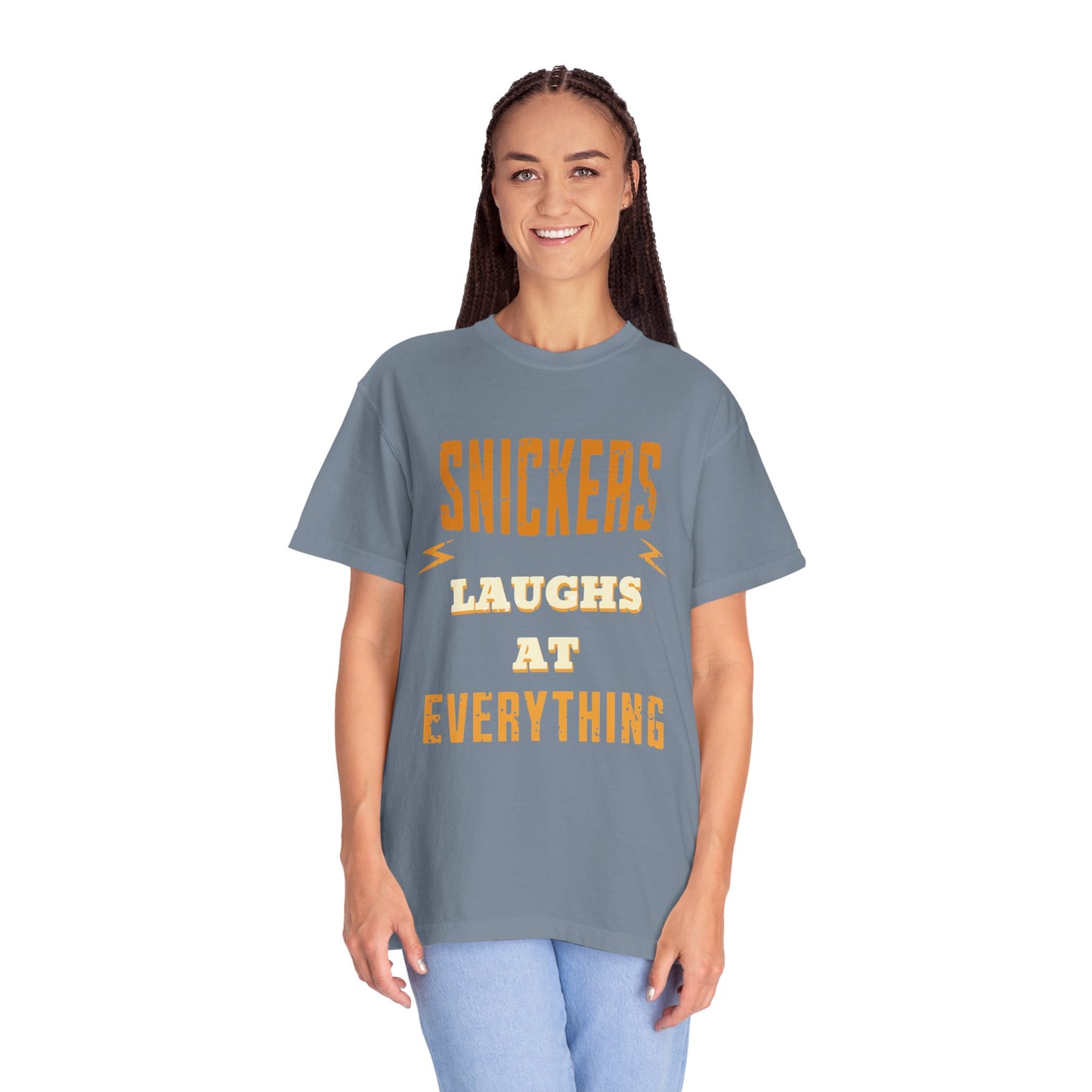 Cheerful 'Laughs at Everything' T-Shirt - coworker/friend Inspired Humorous Fun Shirt