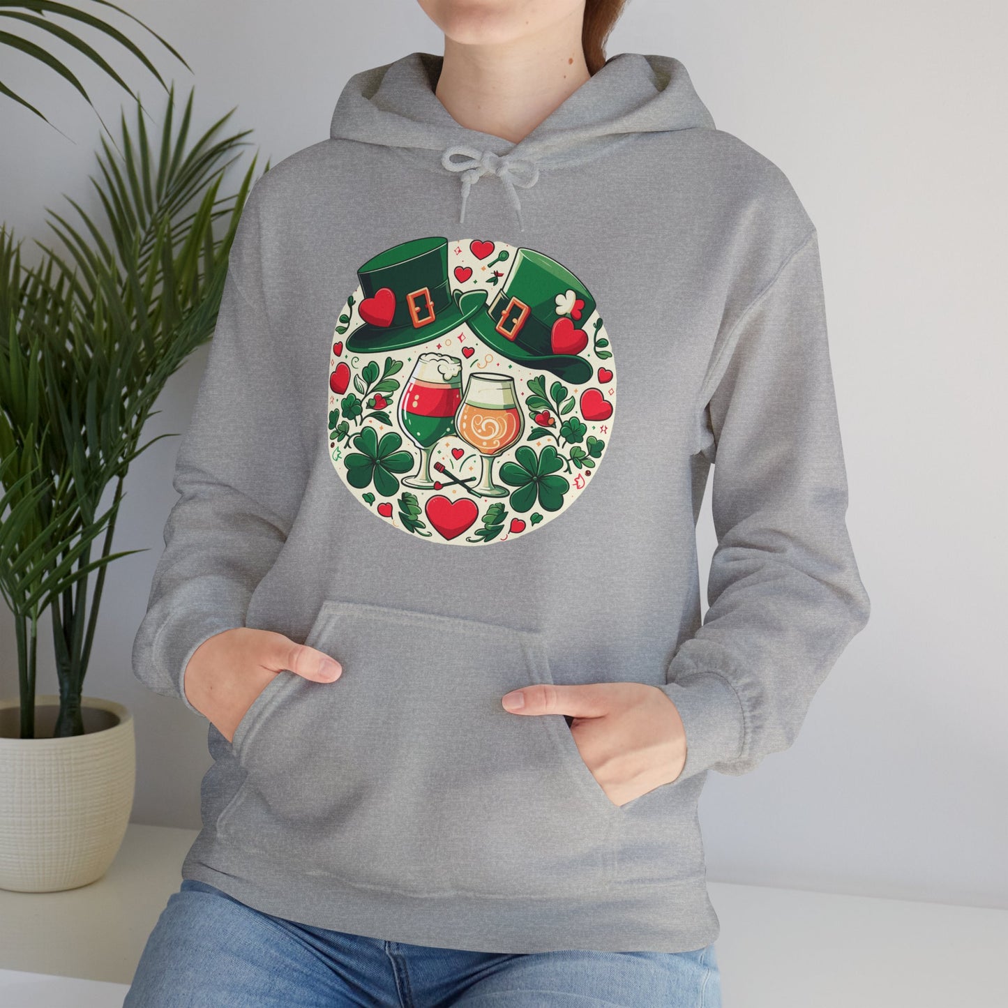 St. Patrick's Day Hoodie, Irish Celebration Beer Clover Heart Unisex Pullover