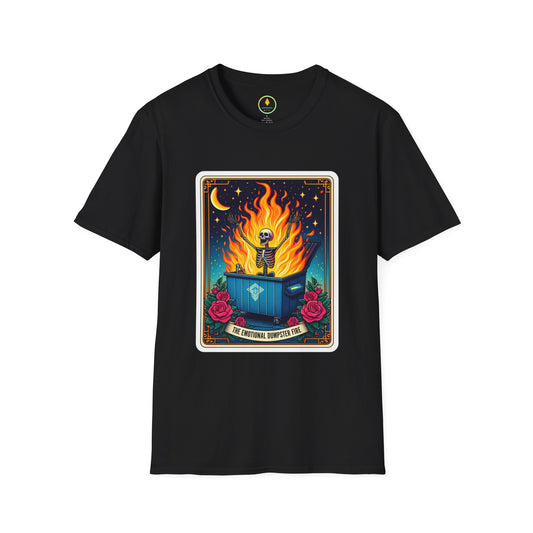 Emotional Dumpster Fire Tarot Tee - Unique Halloween Skeleton Shirt