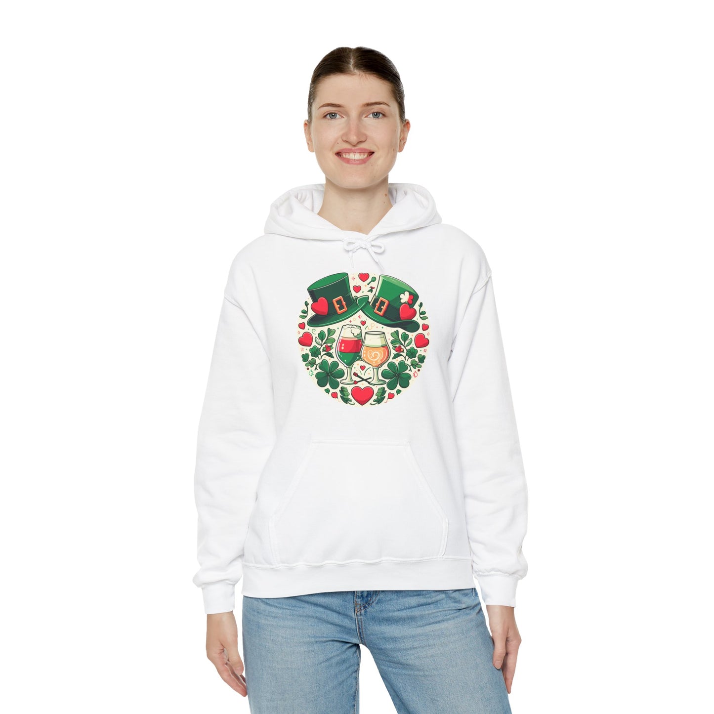 St. Patrick's Day Hoodie, Irish Celebration Beer Clover Heart Unisex Pullover