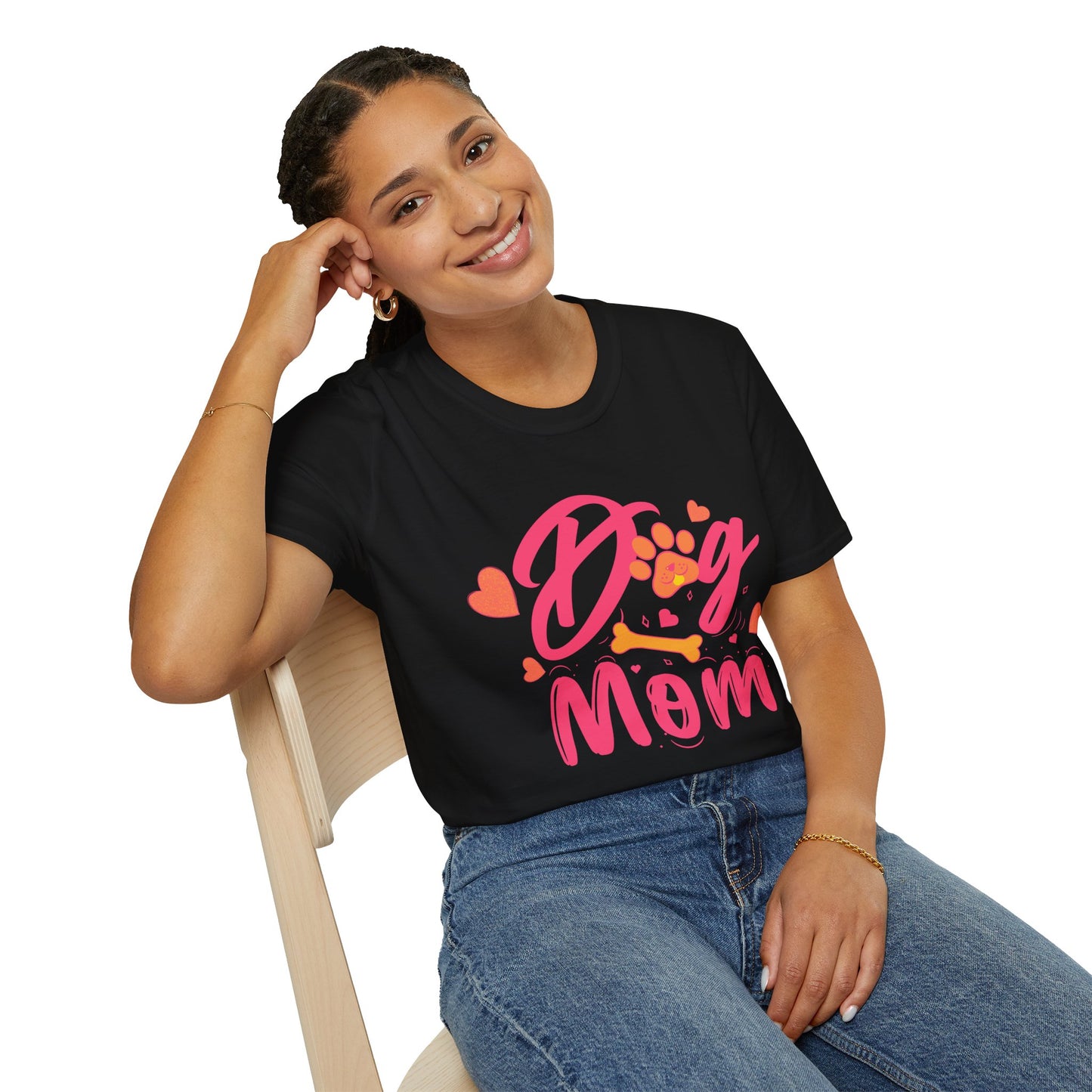 Cute Dog Mom T‑Shirt – Pink Hearts, Paw Print & Bone Graphic for Proud Pup Mamas
