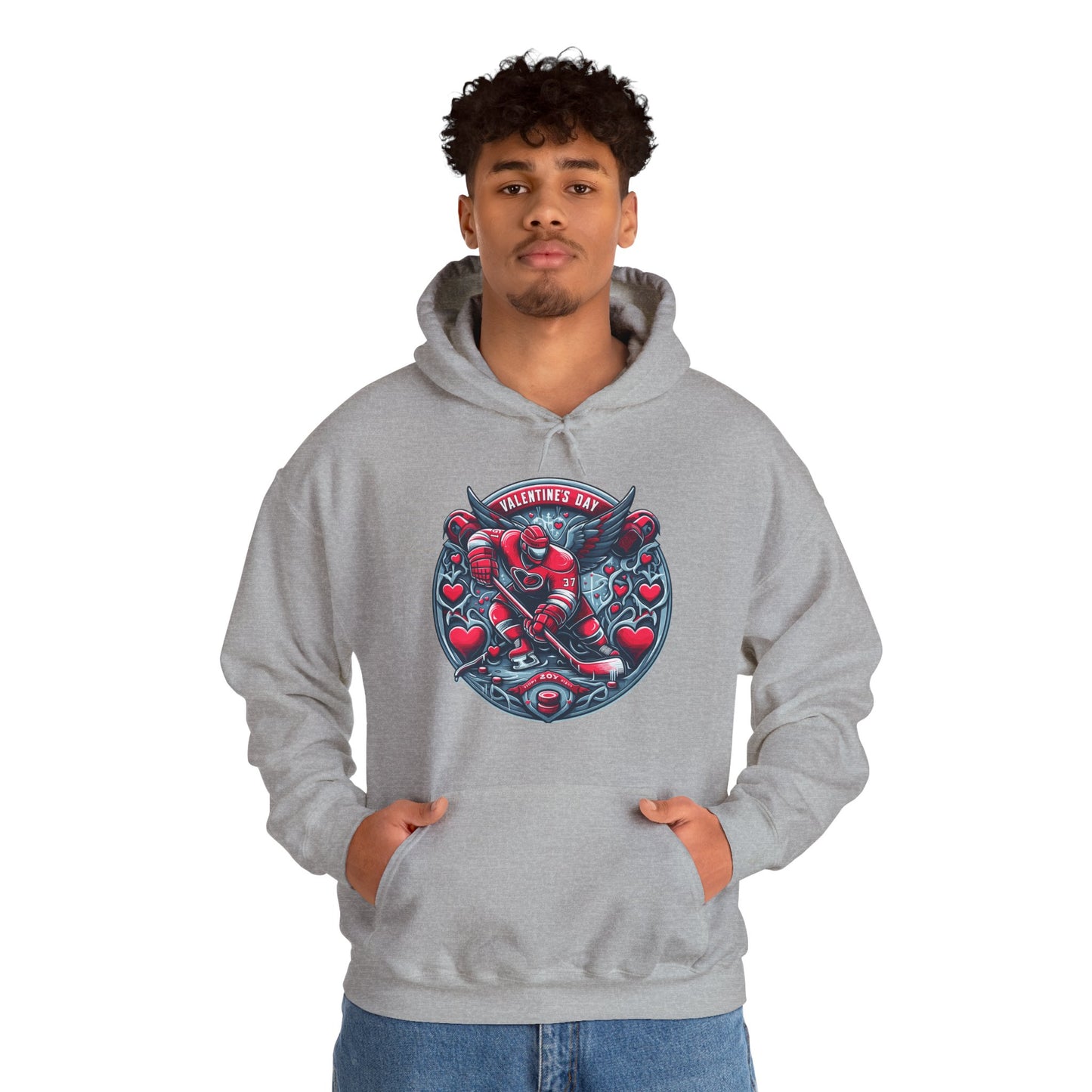 Valentines Day Hockey Hoodie, Romantic Sports Gift, Unisex Heart Hockey Graphic Pullover, Casual Comfortable Sporty Apparel