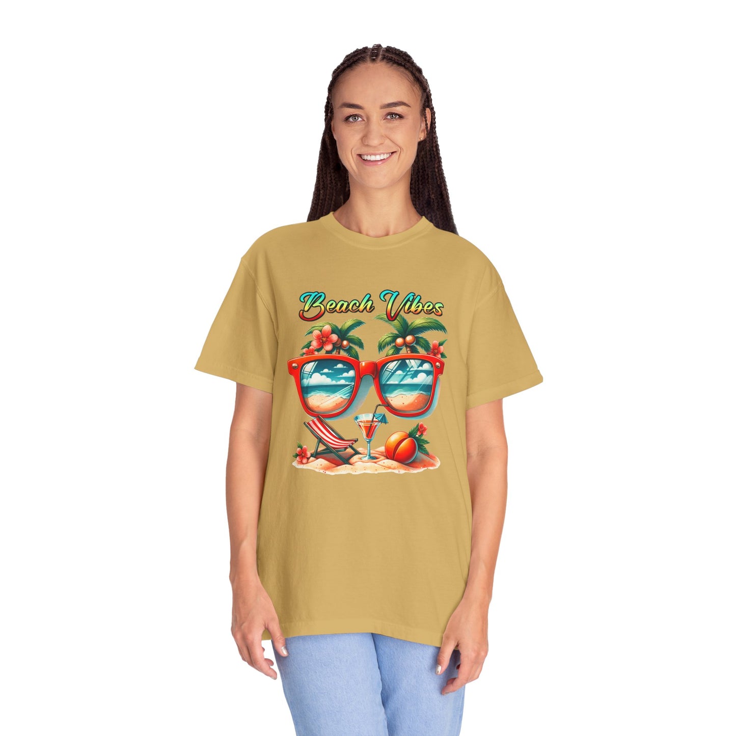 Beach Vibes Graphic Tee – Retro Sunglasses, Palm Trees & Sunset Summer Shirt