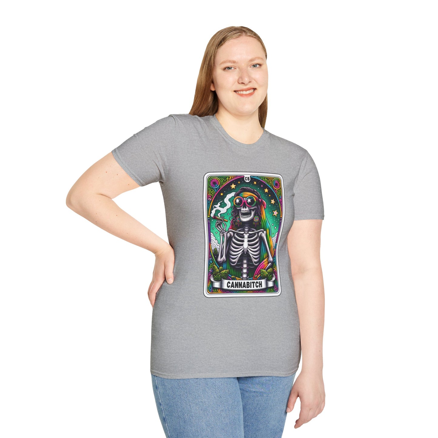 Psychedelic “Cannabitch” Tarot Skeleton T‑Shirt – Trippy Rainbow Weed Art for Stoner Queens