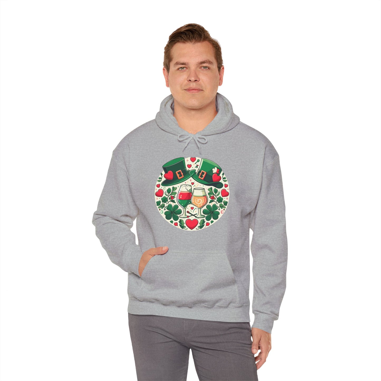 St. Patrick's Day Hoodie, Irish Celebration Beer Clover Heart Unisex Pullover